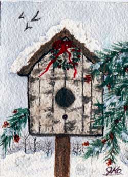 "Winter Birdhouse" by Jane Kraeuche Olson, New Glarus WI - Watercolor